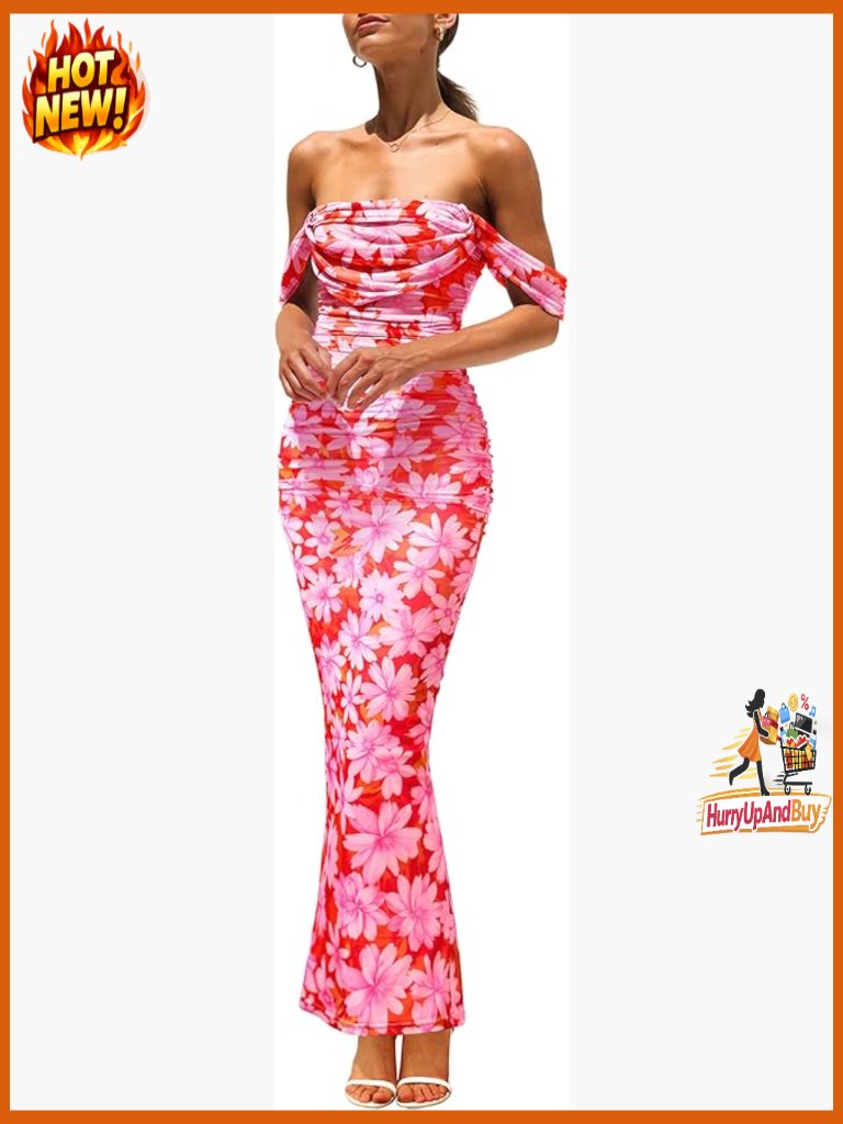 Elegant Floral Maxi Dress Off Shoulder Ruched Mesh Wedding Guest Cocktail